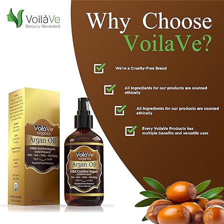 VoilaVe USDA and ECOCERT 100% Pure Organic Moroccan Argan Oil for Skin, Nails & Hair Growth, Anti-Aging Face Moisturizer, Cold Pressed, Rich in Vitamin E, As Seen On TV - 4 fl oz (Argan)